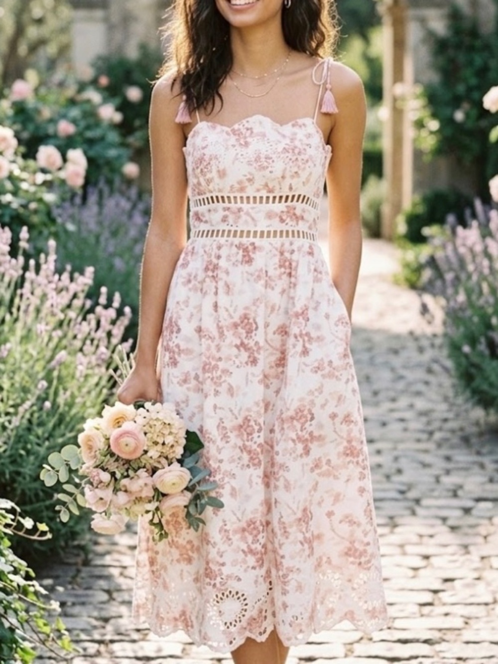 Saylor Pink Floral Eyelet Midi Dress Small NWOT - Garden Party Bridal Shower